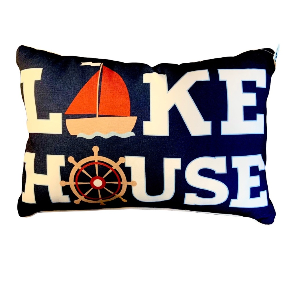 Lake House Nautical Blue Red & White Pillow NWT